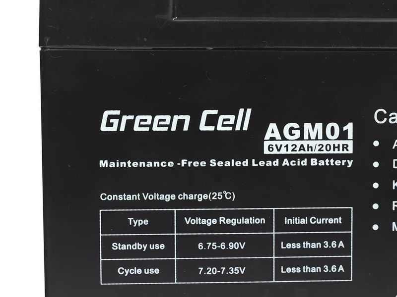 Green-Cell-AGM-Battery-6V-12Ah---Batterie---12.000-mAh-Acido-piombo--VRLA---Green-Cell-AGM-VRLA-6V-12Ah-maintenance-free