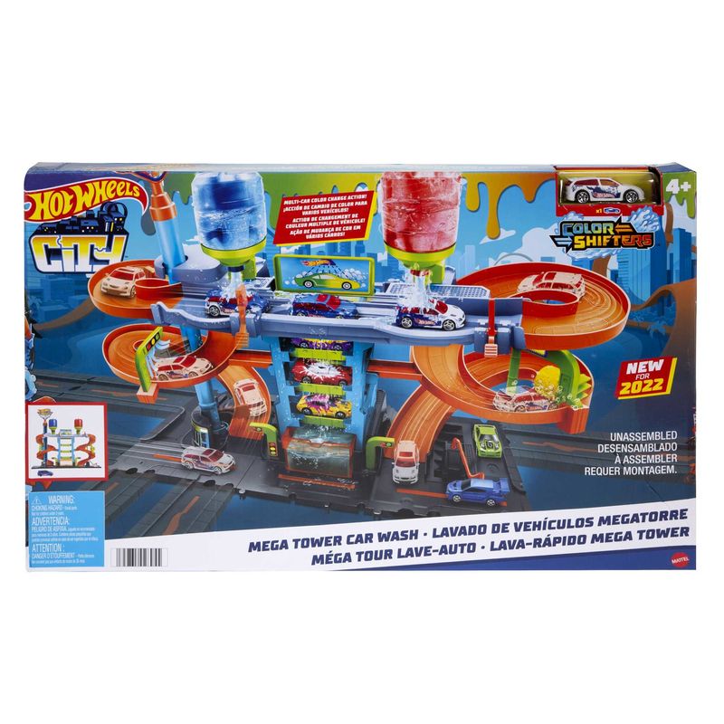 Hot-Wheels-City-Mega-Torre-Autolavaggio-include-1-macchinina-Color-Shifters-e-pratici-serbatoi-per-acqua-si-collega-ad-altri-set-giocattolo-pe