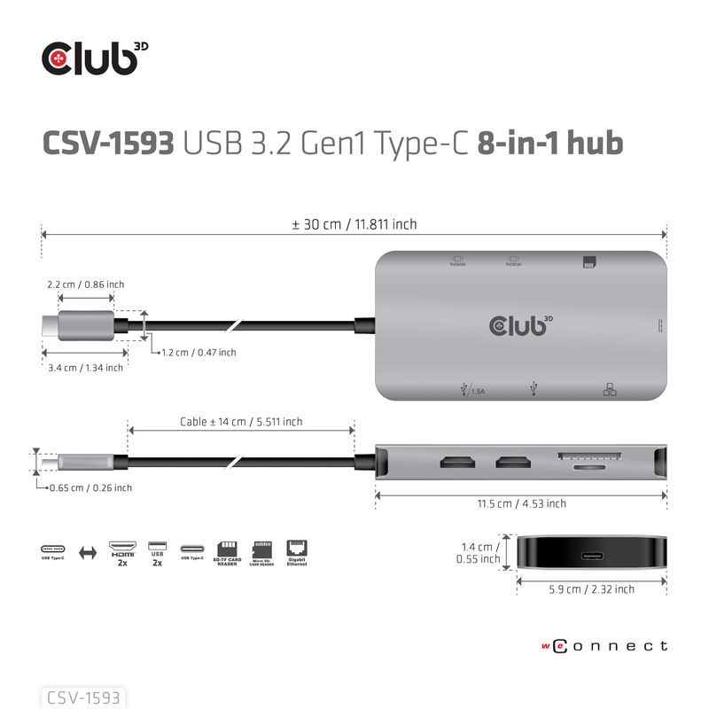 CLUB3D-CSV-1593-hub-di-interfaccia-USB-3.2-Gen-1--3.1-Gen-1--Type-C-16200-Mbit-s-Metallico