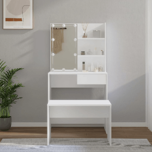 Set Tavolo da Toeletta Bianco con LED in Legno Multistrato