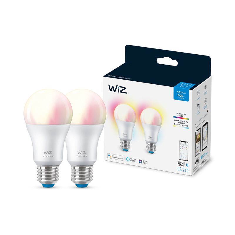 WiZ-Lampadina-Smart-Dimmerabile-Luce-Bianca-o-Colorata-Attacco-E27-60W-Goccia-2Pezzi