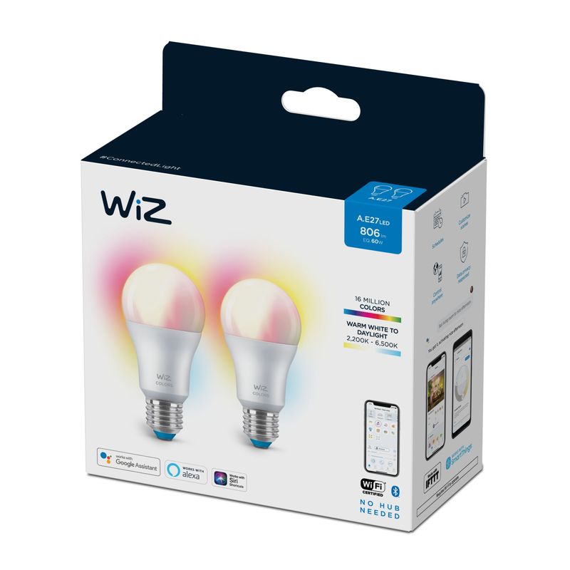 WiZ-Lampadina-Smart-Dimmerabile-Luce-Bianca-o-Colorata-Attacco-E27-60W-Goccia-2Pezzi