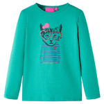 Maglietta Bambina Maniche Lunghe con Stampa Gatto Verde Brillante 128