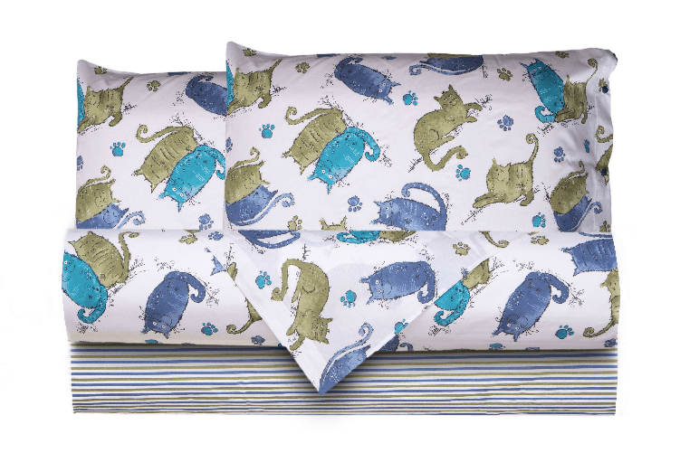 Completo letto lenzuola federe letto stampa fantasia 100% cotone Made in Italy GATTI AZZURRO PIAZZA E MEZZA