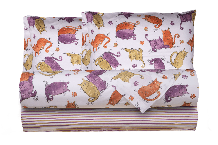 Completo letto lenzuola federe letto stampa fantasia 100% cotone Made in Italy GATTI ARANCIONE PIAZZA E MEZZA