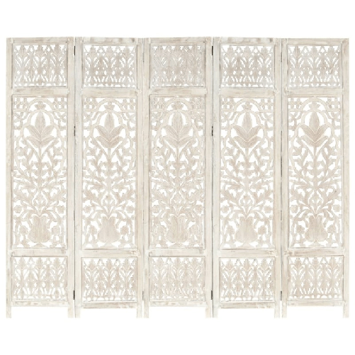 vidaXL Divisorio 5 Pannelli Intagliato Bianco 200x165cm Mango Massello