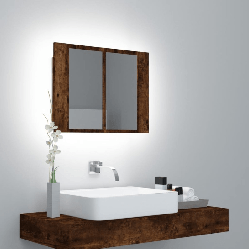 Mobile a Specchio LED Rovere Fumo 60x12x45 cm Legno ingegnerizzato