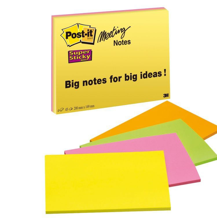 3M-Post-it-200-x-149mm--4-x-45--etichetta-autoadesiva-Verde-Arancione-Rosa-Giallo-4-pz