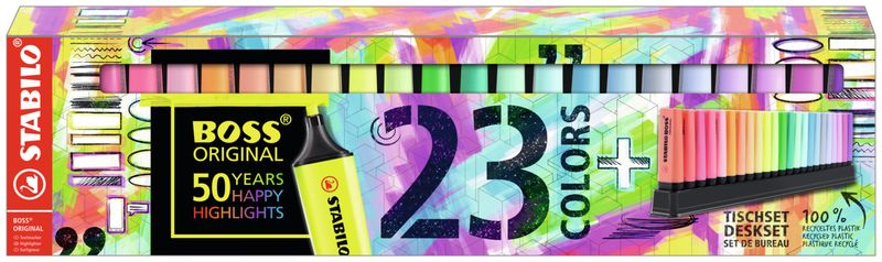 STABILO-Evidenziatore---BOSS-ORIGINAL-Desk-Set-50-Years-Edition---23-Colori-assortiti-9-Neon---14-Pastel