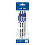 Milan P1 Confezione da 3 Penne a Sfera Retrattile - Punta Tonda da 1 mm - Corpo Trasparente - Colore Blu