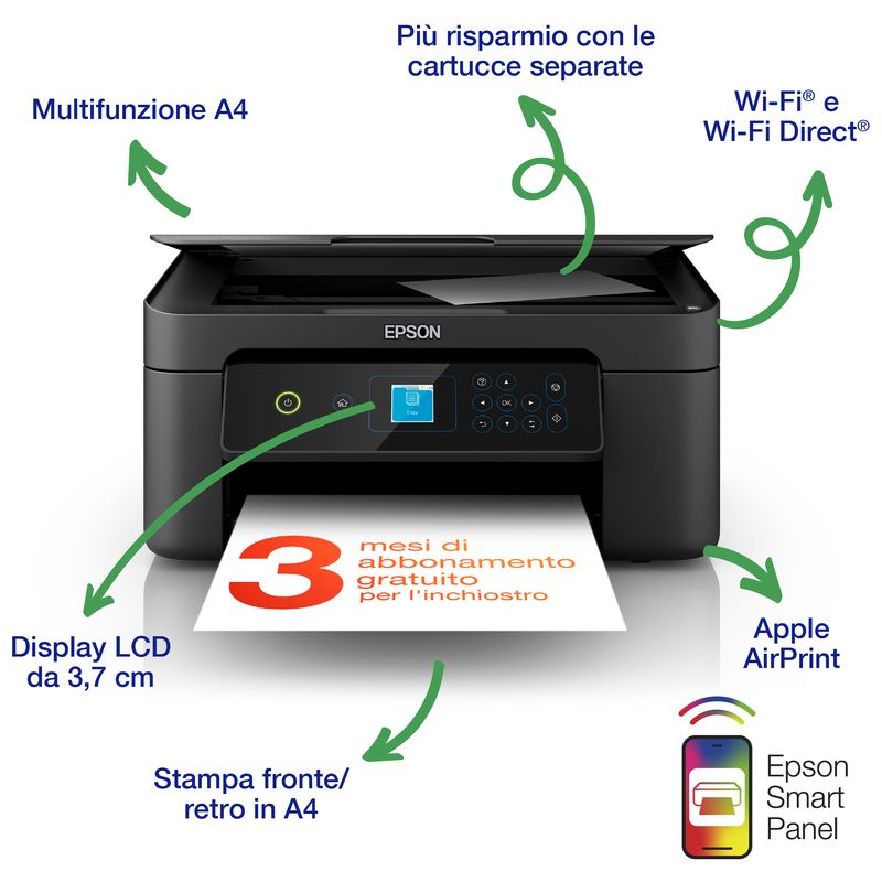 Epson-Expression-Home-XP-3205-stampante-multifunzione-A4-getto-d-inchiostro-stampa-copia-scansione-Display-LCD-3.7cm-WiFi-Direct-Stampa-mobile-3-mesi-di-inchiostro-incluso-con-ReadyPrint