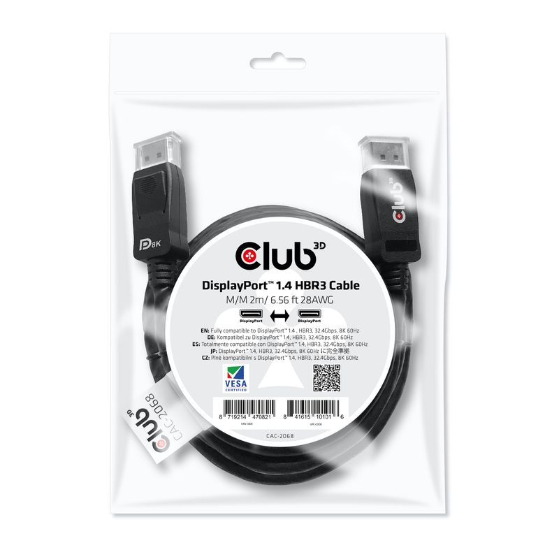 CLUB3D-DisplayPort-1.4-HBR3-Cable-2m-6.56ft-M-M-8K60Hz