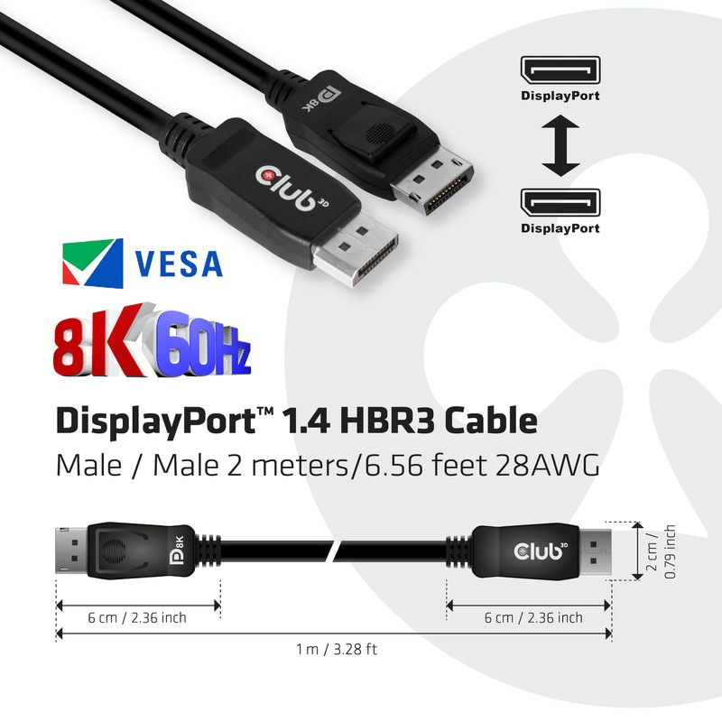 CLUB3D-DisplayPort-1.4-HBR3-Cable-2m-6.56ft-M-M-8K60Hz