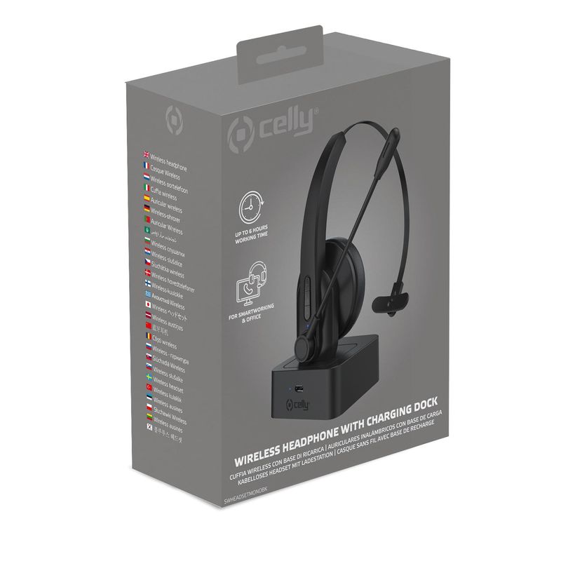 Celly-SWHEADSETMONO-Auricolare-Wireless-A-Padiglione-Ufficio-Bluetooth-Base-di-ricarica-Nero