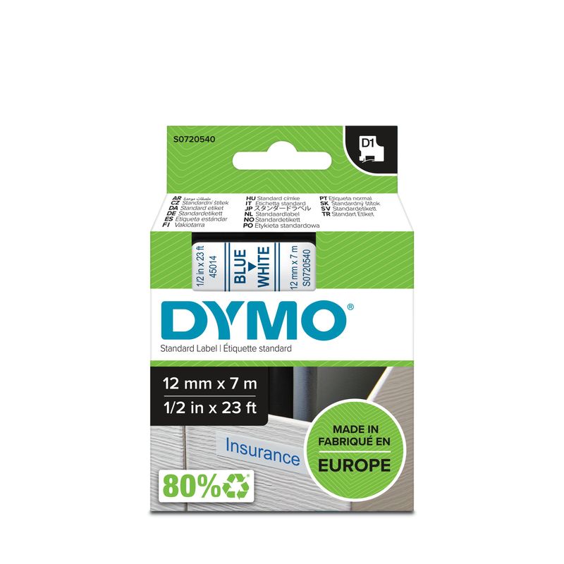 DYMO-D1---Standard-Etichette---Blu-su-bianco--12mm-x-7m