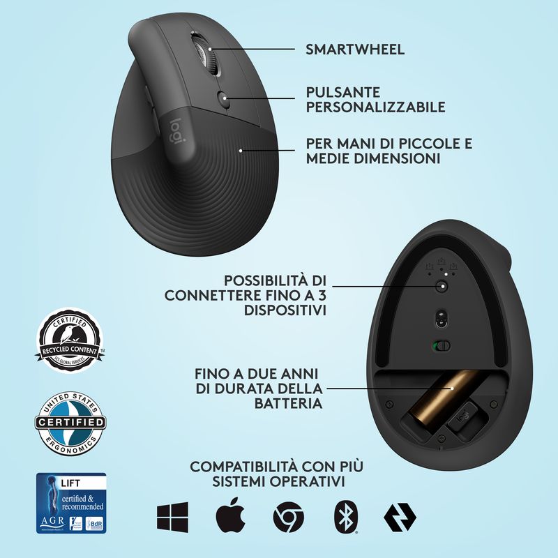 Logitech-Lift-Mouse-Ergonomico-Verticale-Senza-Fili-Ricevitore-Bluetooth-o-Logi-Bolt-USB-Clic-Silenziosi-4-Tasti-Compatibile-con-Windows---macO