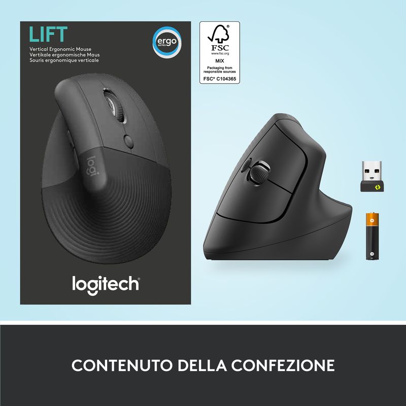 Logitech-Lift-Mouse-Ergonomico-Verticale-Senza-Fili-Ricevitore-Bluetooth-o-Logi-Bolt-USB-Clic-Silenziosi-4-Tasti-Compatibile-con-Windows---macO