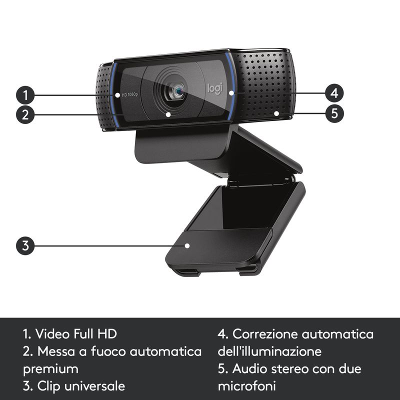 Logitech-C920-HD-Pro-Webcam-Videochiamata-Full-HD-1080p-30fps-Audio-Stereo--Chiaro--Correzione-Luce-HD-Funziona-con-Skype-Zoom-FaceTime