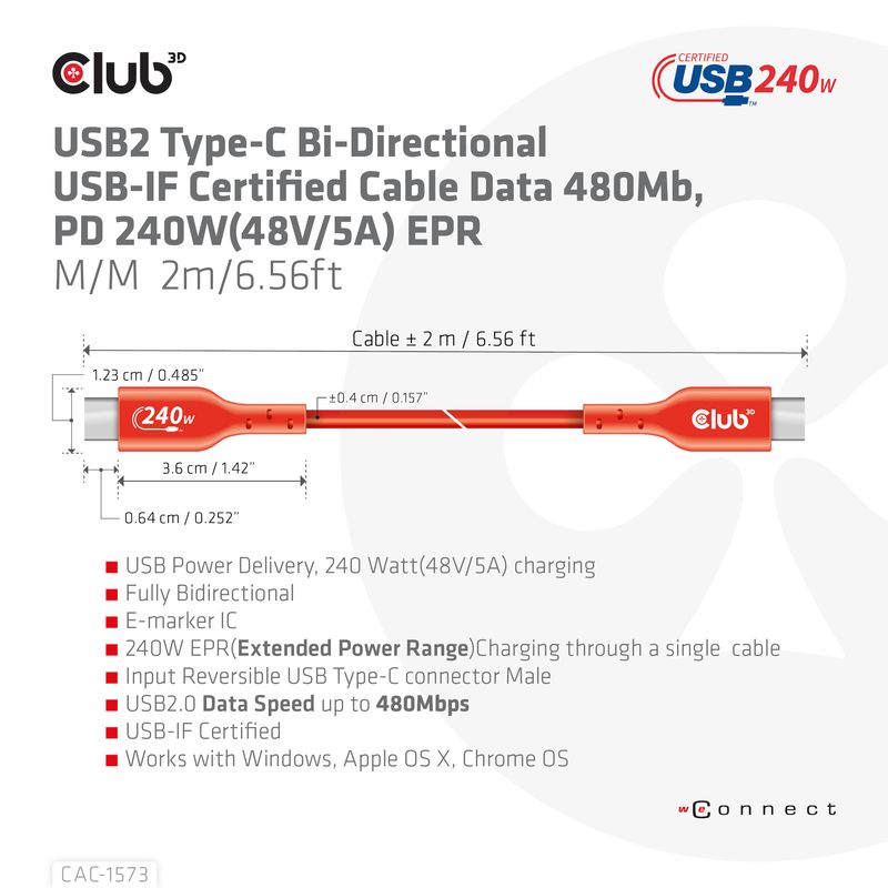 CLUB3D-CAC-1573-cavo-USB-2-m-USB4-Gen-2x2-USB-C-Rosso