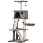 PawHut Albero Tiragraffi Accessoriato con Cuccia Lettino Sospeso e 2 Pedane in Peluche Grigio