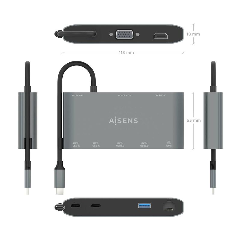 AISENS-ASUC-8P010-GR-replicatore-di-porte-e-docking-station-per-laptop-Cablato-USB-3.2-Gen-1--3.1-Gen-1--Type-C-Grigio