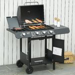 Outsunny Barbecue a Gas con Coperchio, 4 Bruciatori da 11.6kW, Fornello, Mensola e 2 Ruote, 110x50x100cm Nero