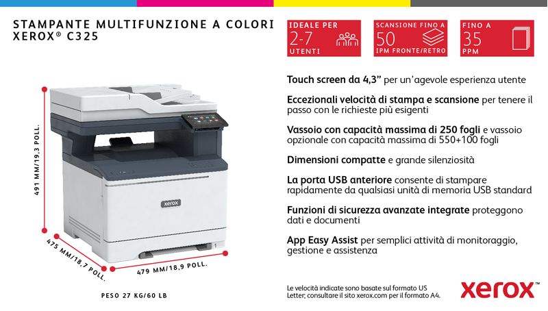 Xerox-C325-A4-33-ppm-Copia-Stampa-Scansione-Fax-fronte-retro-wireless-PS3-PCL5e-6-2-vassoi-251-fogli