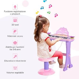 HOMCOM Set Pianola per Bambini con Sgabello e Microfono, 4 Suoni di Strumenti e Registrazione, MP3 e Karaoke, Rosa