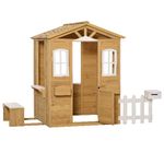 Outsunny Casetta per Bambini in Legno con Finestre, Staccionata, Portavasi e Panca 110x107x140cm