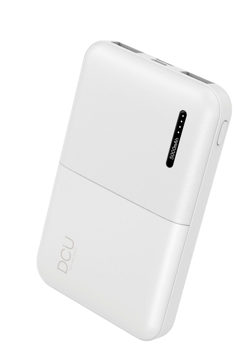 DCU-Tecnologic-Power-Bank-Tripla-Uscita-2-USB---USB-C-5.000Mah---Tripla-Uscita-per-Caricare-Vari-Dispositivi---Capacita-5000-mAH-per-Ricaricarsi-in-Qualsiasi-Momento---Colore-Bianco