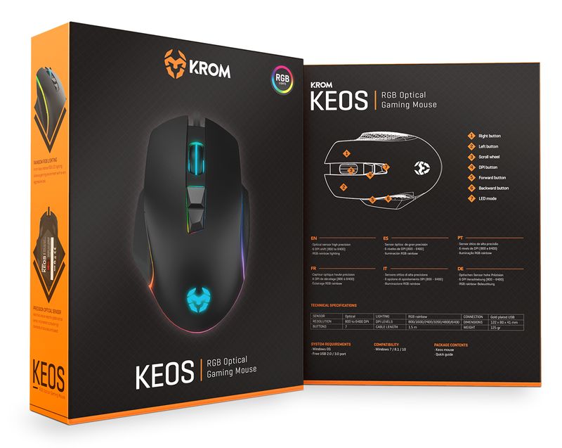 Krom-Keos-Mouse-Gaming-USB-6400DPI---7-Pulsanti-configurabili---Luce-arcobaleno-RGB---Uso-colorato-a-destra---colore-ner