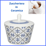 Zuccheriera in ceramica bianca  colori azzurri e grigi  con coperchio Tognana portazucchero porcellana  per caffe caffè tea porta zucchero