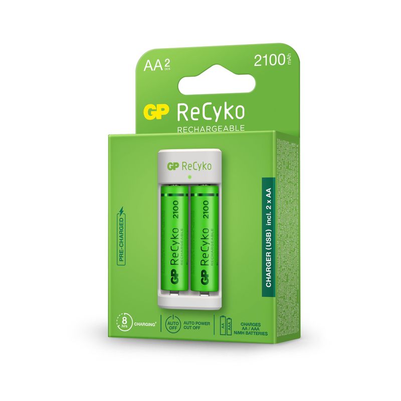 GP-Battery-Caricabatterie-USB-ReCyko-E211-Inclusi-2-Batterie-AA-NiMH-da-2100-mAh