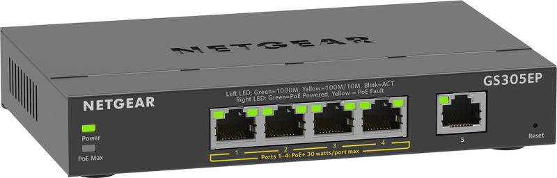 NETGEAR-5-Port-Gigabit-Ethernet-PoE--Plus-Switch--GS305EP--Gestito-L2-L3-Gigabit-Ethernet--10-100-1000--Supporto-Power-over-Ethernet--PoE--Nero