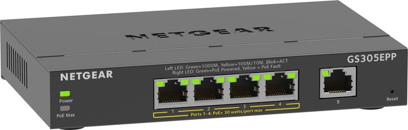 NETGEAR-5-Port-Gigabit-Ethernet-High-Power-PoE--Plus-Switch--GS305EPP--Gestito-L2-L3-Gigabit-Ethernet--10-100-1000--Supporto-Power-over-Ethernet--PoE--Nero