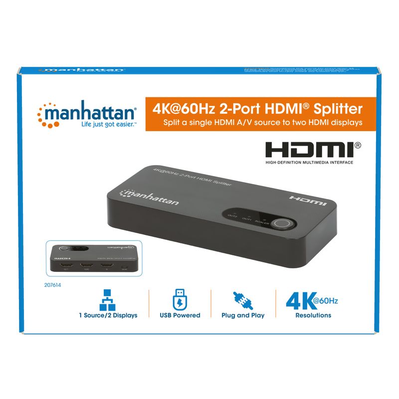 Manhattan-207614-ripartitore-video-HDMI-2x-HDMI--HDMI-4K-SPLITTER-2-PORT-4K-60HZ---MICRO-USB-POWERED-BLACK-