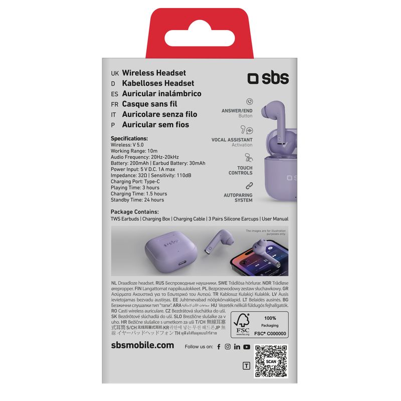 SBS-Beat-Free-Auricolare-True-Wireless-Stereo--TWS--In-ear-Chiamate-Musica-Sport-Tutti-i-giorni-Bluetooth-Viola