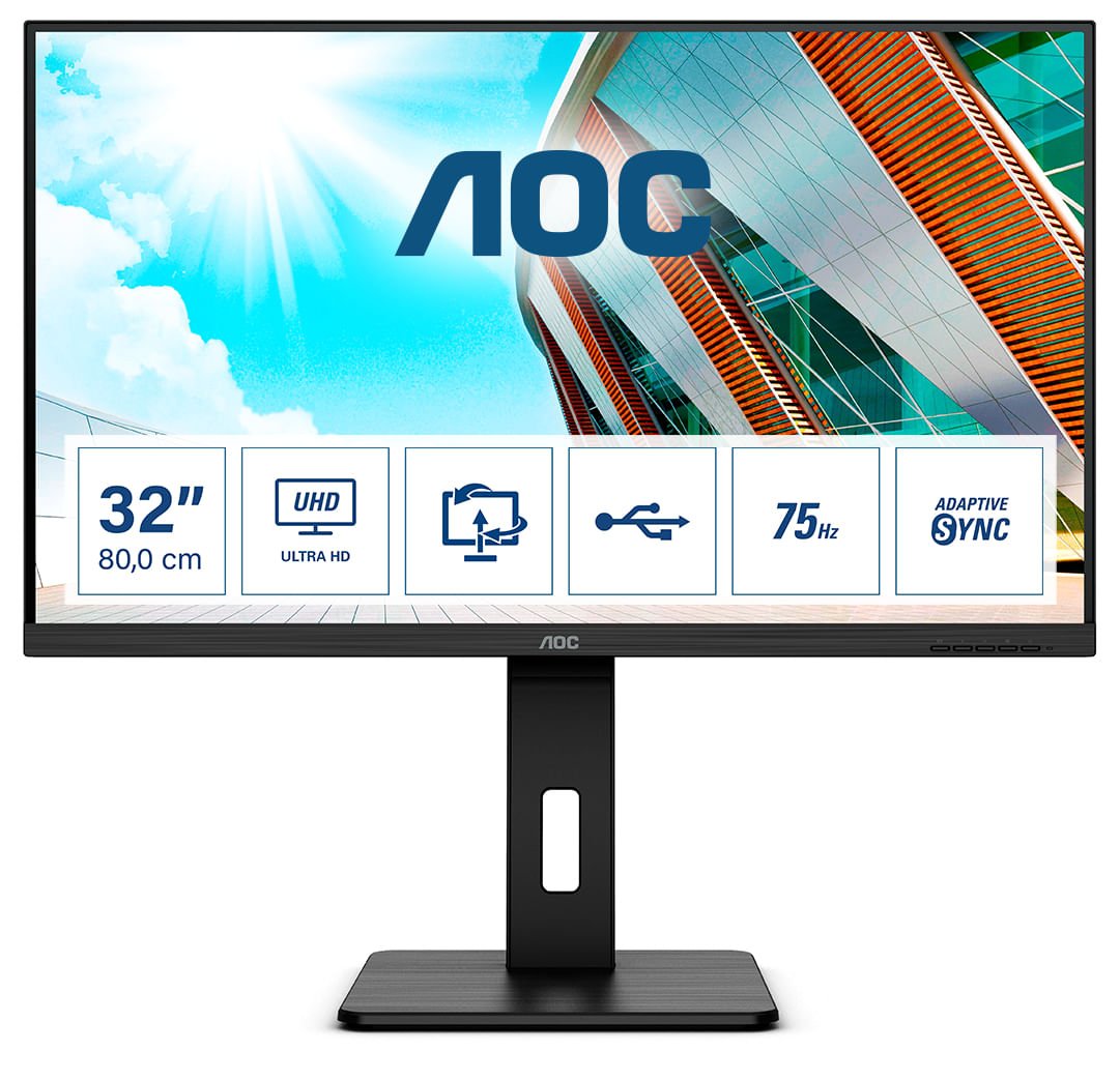 AOC U32P2 - Monitor UHD da 32 pollici, regolabile in altezza (3840 x 2160, 75 Hz, HDMI 2.0, DisplayPort, hub USB)