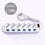 V-TAC Multipresa con Cavo 15m 6 Prese 10/16A 2P+T Bipasso + Schuko a 45° Interruttore Generale 6 Singoli Spina 16A 2P+T