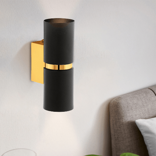 Applique-Moderna-Passa-2-Luci-Acciaio-Nero-E-Oro-Diffusori-Tondi