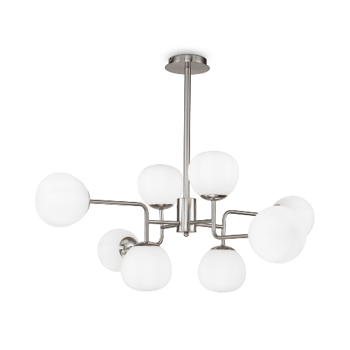 Lampadario-Sospensione-Erich-In-Metallo-Nichel-8-Luci-E-Diffusori-Bianchi