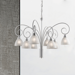 Lampadario 8 Luci Ferro Batturo Bianco Shabby e Vetro Bianco Serie Aurelio