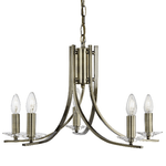 Lampadario Industrial-Nordico Ascona Acciaio Ottone Vetro 5 Luci E14