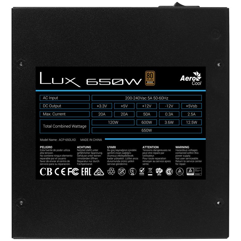 Aerocool-Lux-650-Fonte-alimentare-650W-ATX-2.4---PFC-attivo---Ventola-silenziosa-120mm