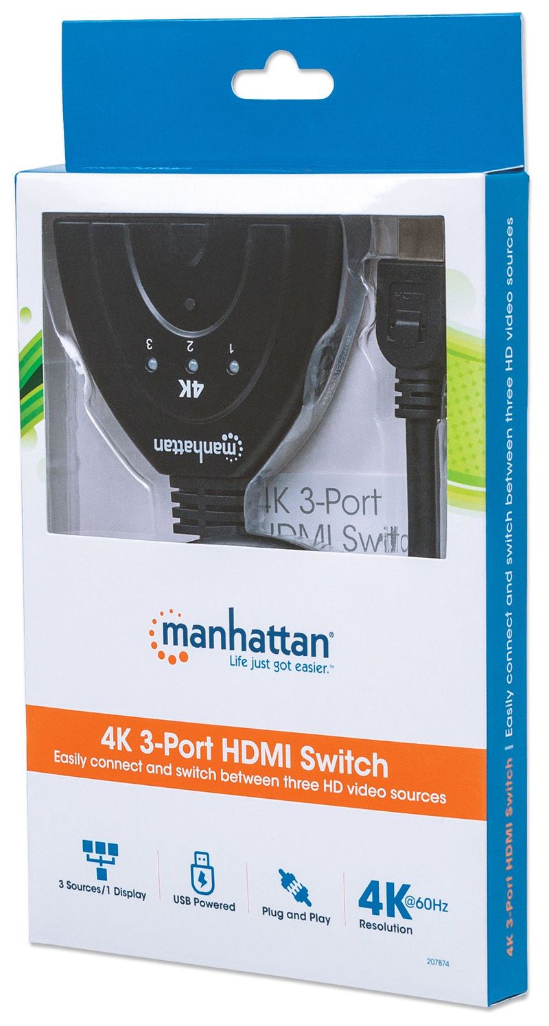 Manhattan-207874-conmutador-de-vAƒA­deo-HDMI--HDMI-Switch-3-Port-4K-60Hz-Connects-x3-HDMI-sources-to-x1-display-Manua