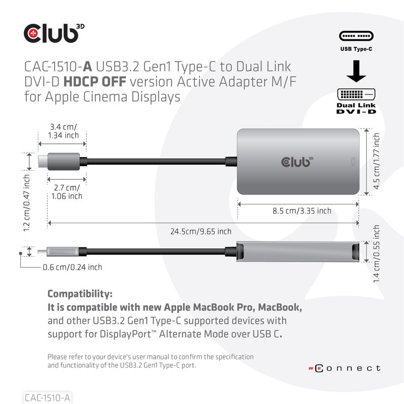 CLUB3D-CAC-1510-A-cavo-e-adattatore-video-025-m-USB-tipo-C-DVI-Grigio