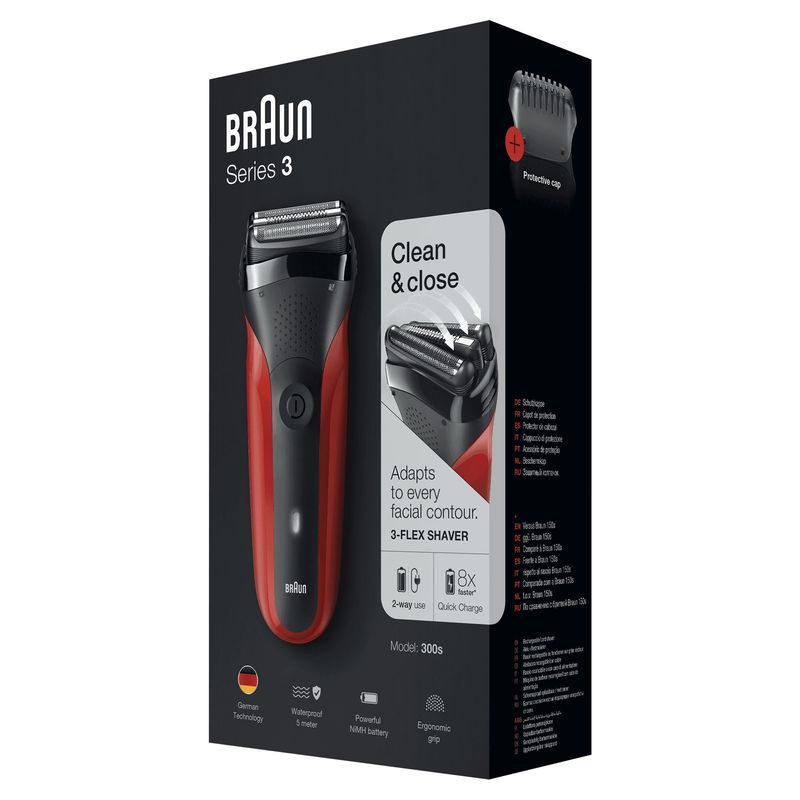 Braun-Series-3-300s-Foil-Shaver-Trimmer-Rasoio-elettrico-da-barba-Rosso