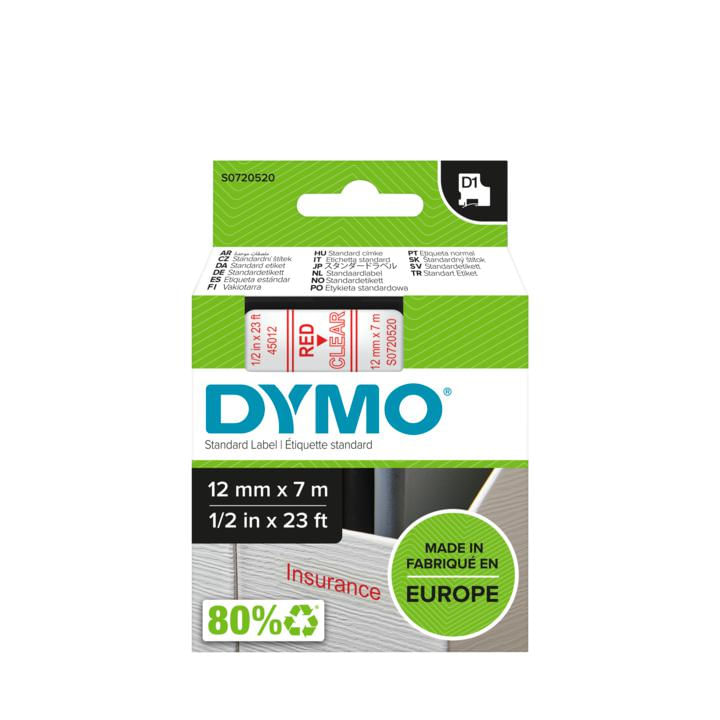 DYMO-D1---Standard-Etichette---Rosso-su-trasparente---12mm-x-7m