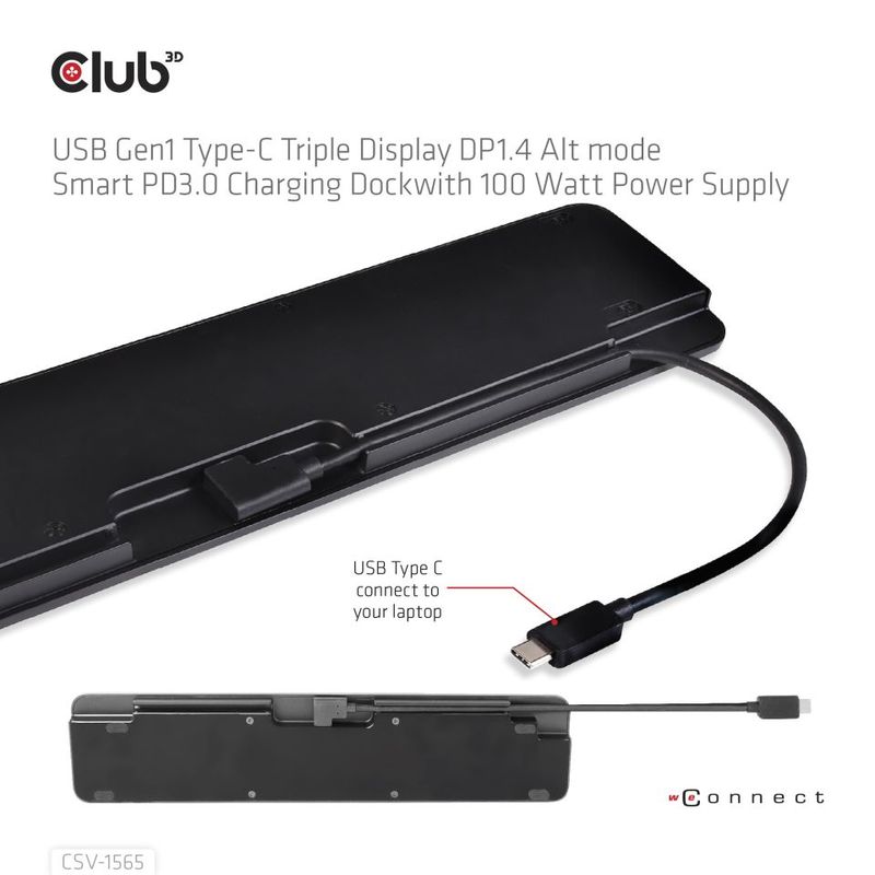 CLUB3D-USB-Gen1-Type-C-Triple-Display-DP1.4-Alt-mode-Smart-PD3.0-Charging-Dock-with-100-Watt-Power-Supply