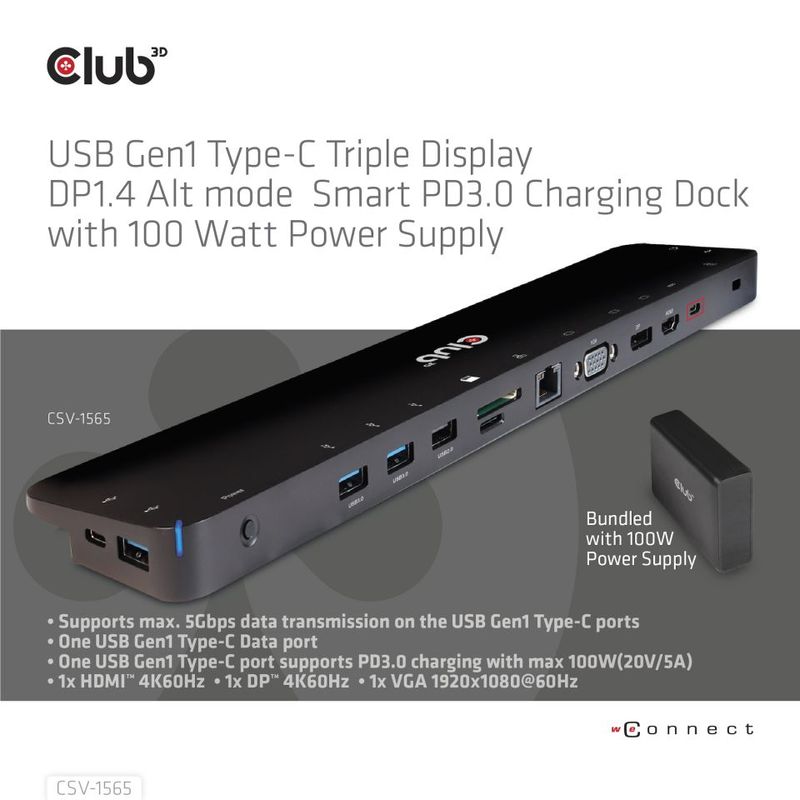 CLUB3D-USB-Gen1-Type-C-Triple-Display-DP1.4-Alt-mode-Smart-PD3.0-Charging-Dock-with-100-Watt-Power-Supply